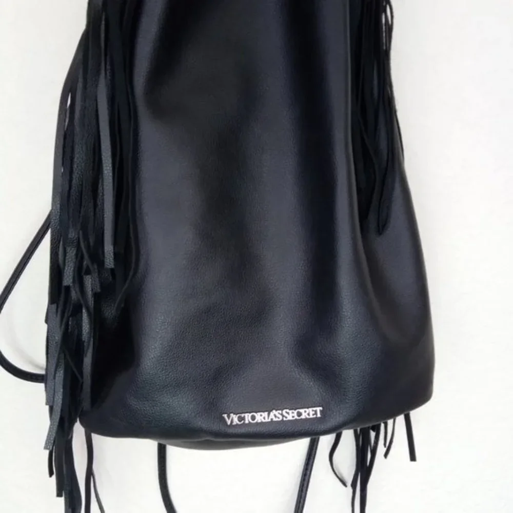 Nwt Victoria Secrets Black Leather Backpack Fringed Book Bag
